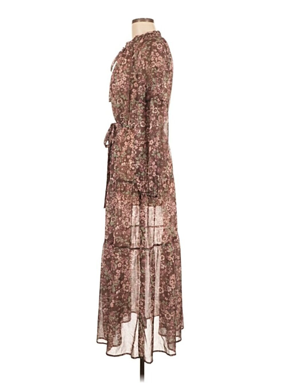 Greylin Floral Tiered Chiffon Midi Dress Split Neck Tie Belt Boho Size M - Picture 6 of 8